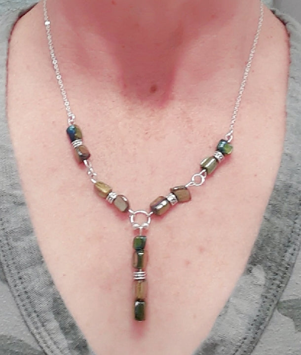 Green Mother Of Pearl Gemstone Drop Necklace