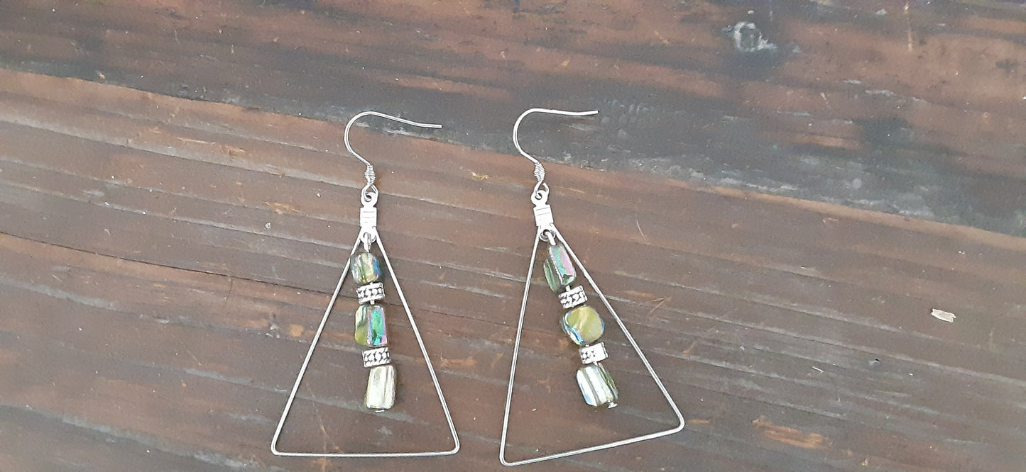 Green Mother Of Pearl Gemstone Triangle Hoop Earrings