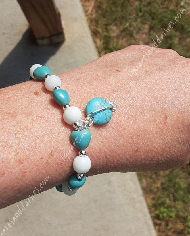 Magnesite Stone and Cat's Eye Beaded Stretch Bracelet, Turquoise Blue