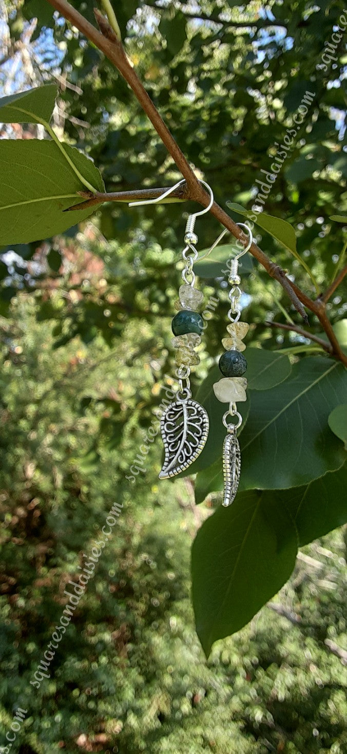 Autumn Leaves Silver Earrings with Natural Indian Agate Gemstone and Golden Quartz