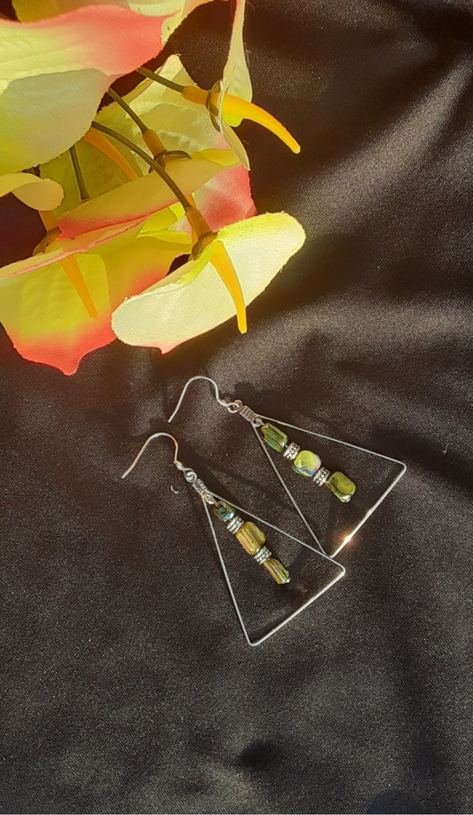 Green Mother Of Pearl Gemstone Triangle Hoop Earrings