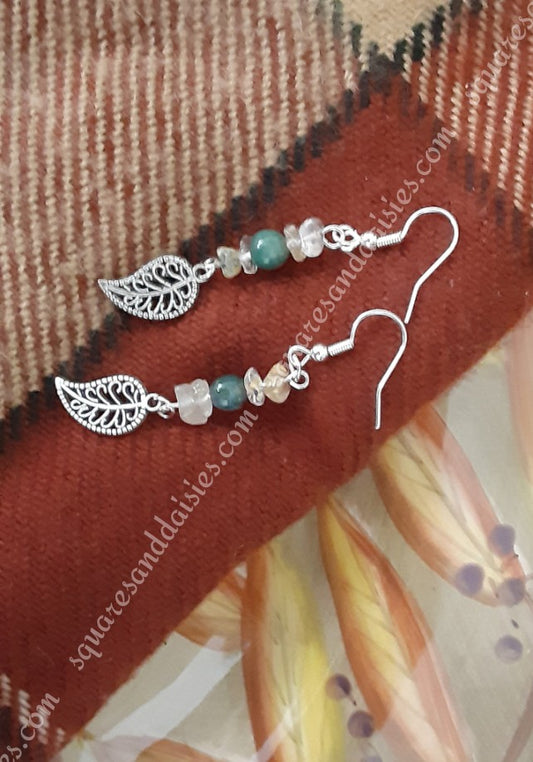 Autumn Leaves Silver Earrings with Natural Indian Agate Gemstone and Golden Quartz